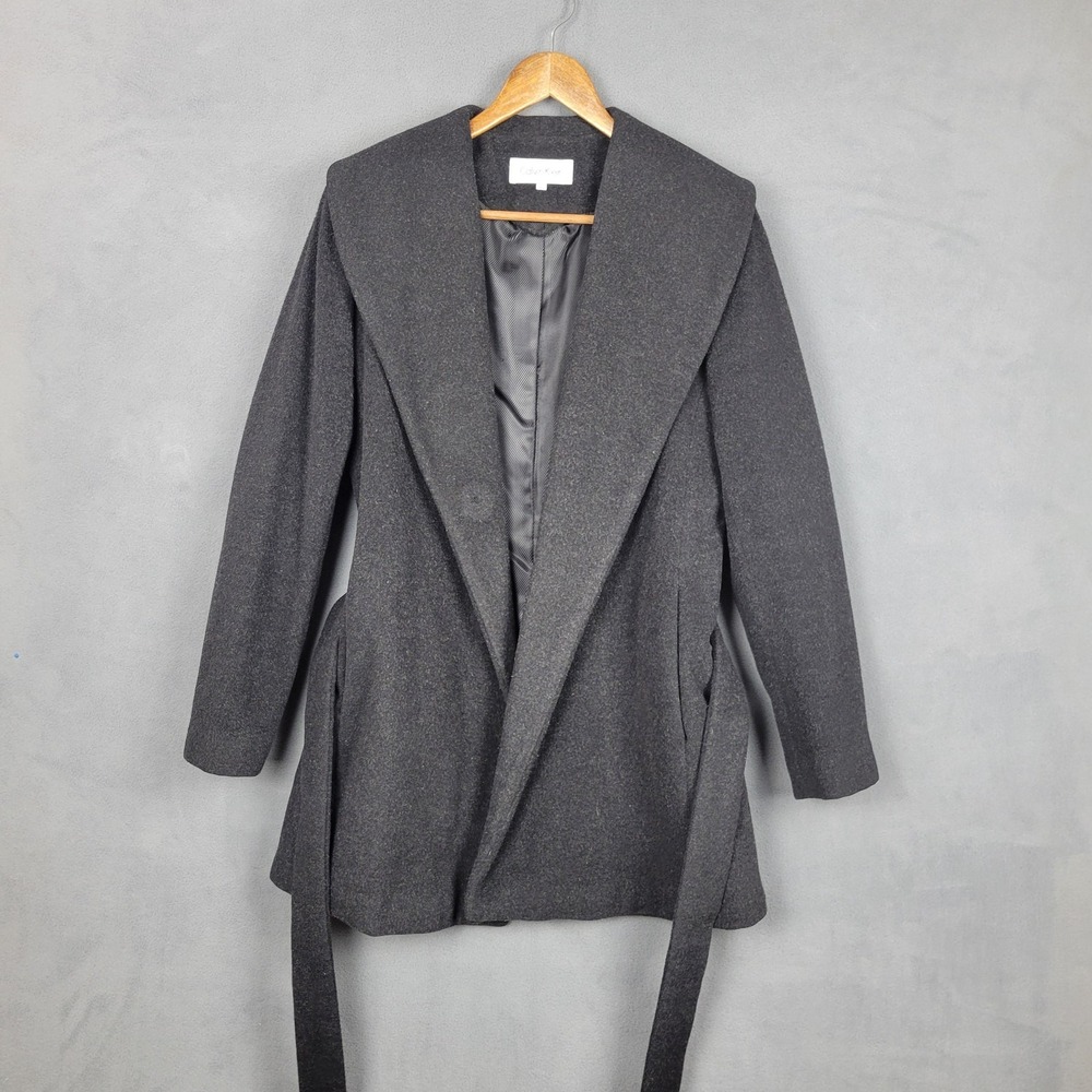 Calvin Klein Coat Womens Small Charcoal Gray Belted Wrap Shawl Collar Wool Blend
